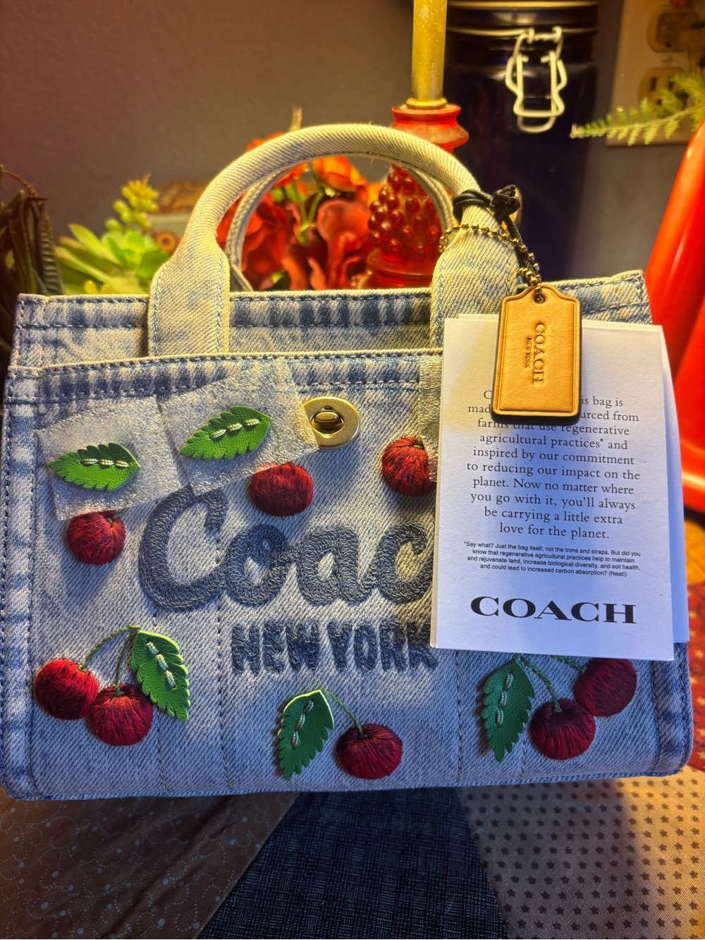 COACH CHERRY DENIM CARGO TOTE BAG
